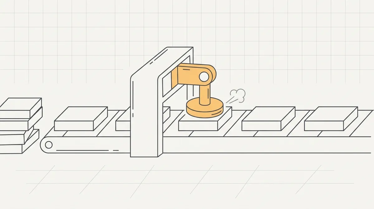 Line drawing of a conveyor belt carrying identical code blocks into a machine that stamps them complete
