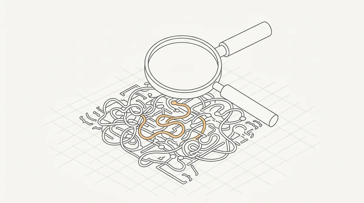 Line drawing of a magnifying glass hovering over a tangled block of code with one wire highlighted
