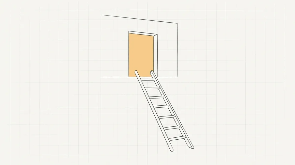 Line drawing of a ladder with unevenly spaced rungs leading up to an open doorway