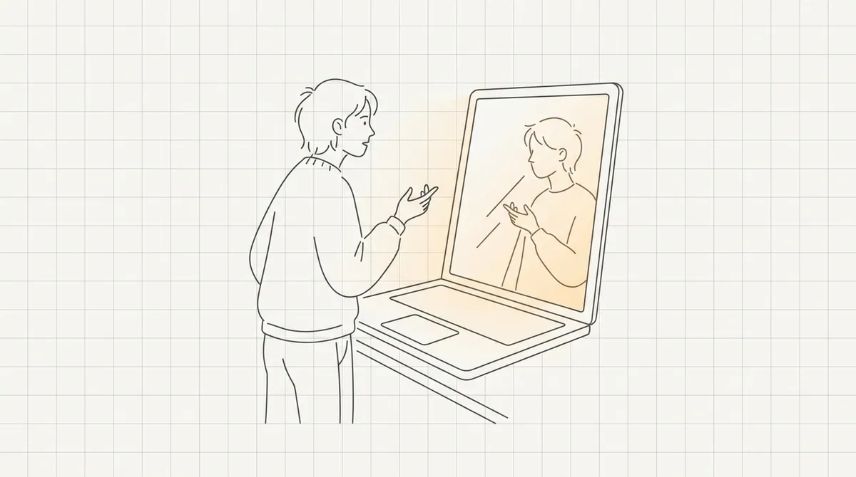 Line drawing of a developer rehearsing answers in front of a mirror shaped like a laptop screen