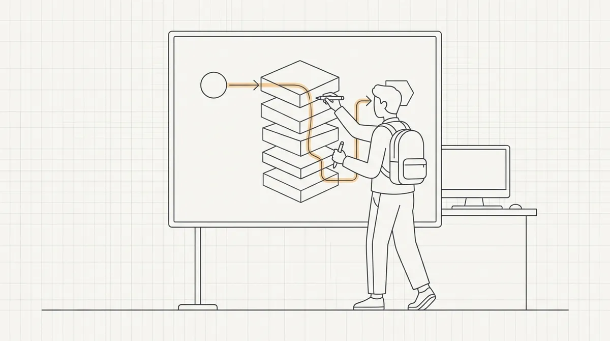 Illustration of a developer at a whiteboard tracing a request through layered boxes labeled with middleware names