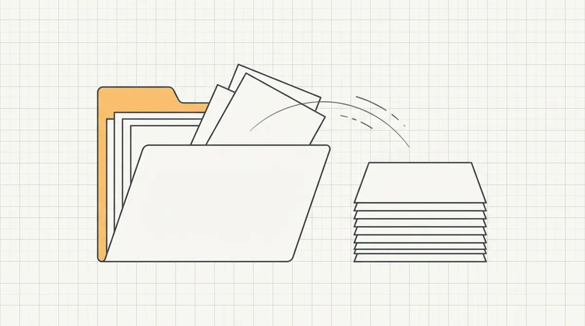 Line drawing of a folder of certificates and letters being organized into a labeled stack