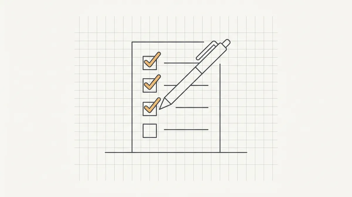 Line drawing of a checklist with a pen ticking off boxes before a starting line