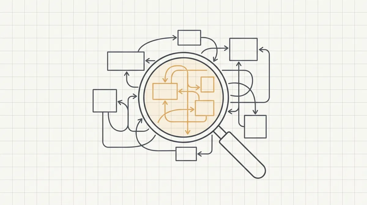 Line drawing of a magnifying glass hovering over a tangled memory diagram with boxes and arrows