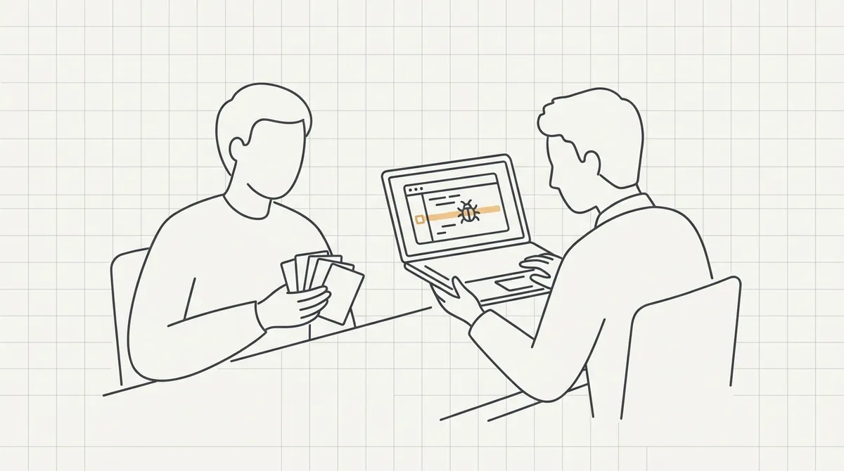 Line drawing of two developers at a table, one holding note cards and one holding a laptop mid-debug