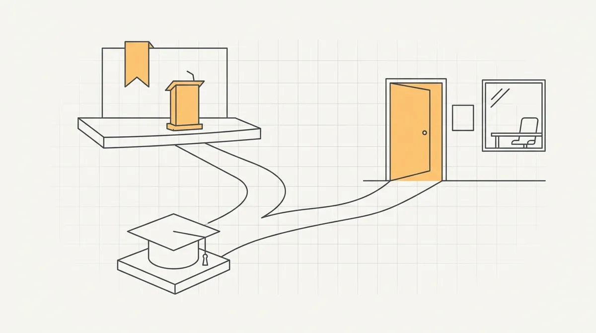 Two diverging paths from a graduation cap, one leading to a campus hiring stage, one to an open office door