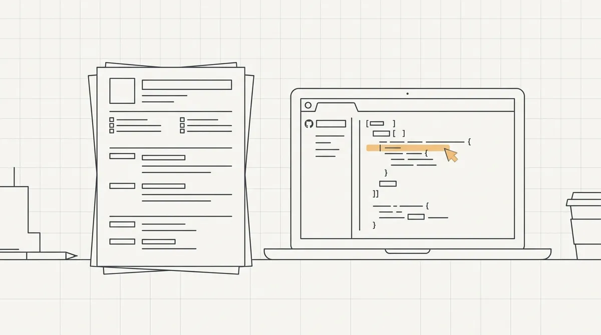 Line drawing of a resume and an open laptop showing a code repository side by side on a desk
