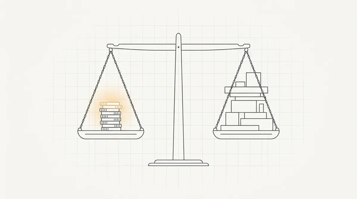 Line drawing of two scales balancing a salary coin stack against a taller stack labeled hidden costs