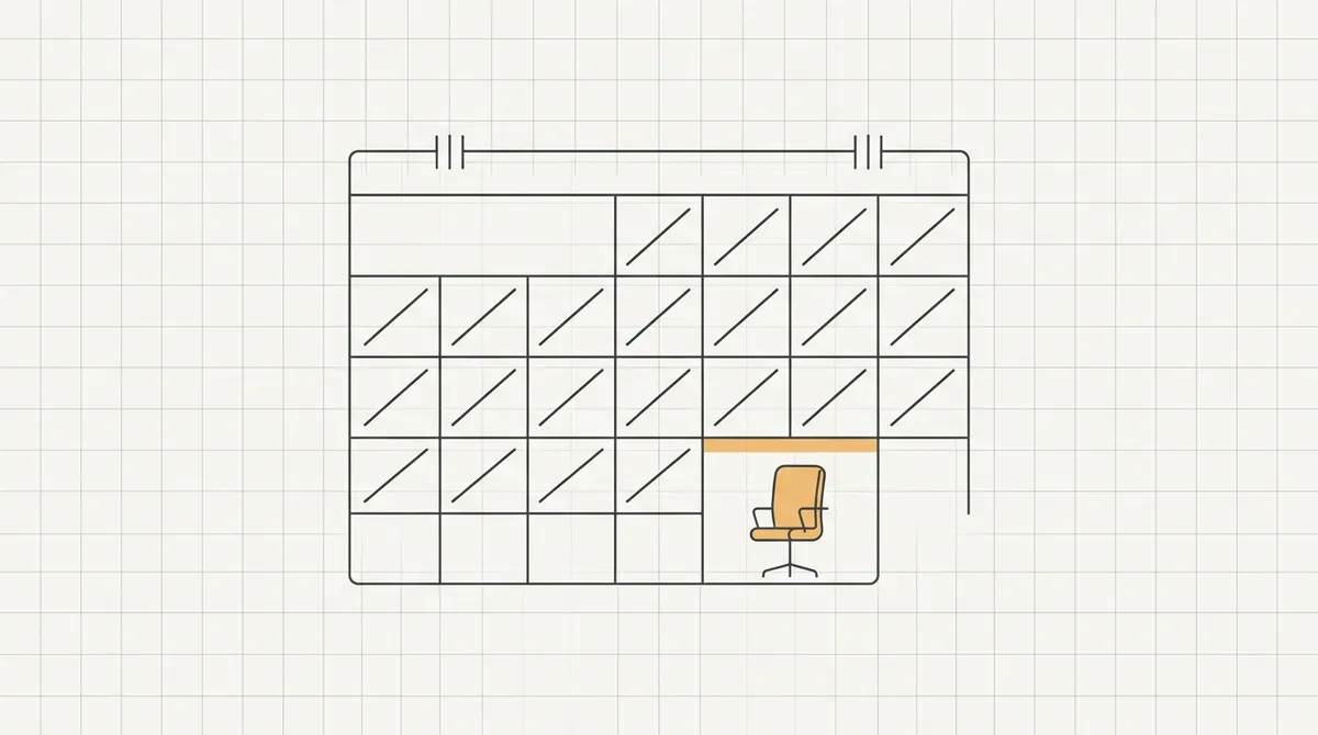 Line drawing of a calendar with several weeks crossed out and an empty desk chair on the last week