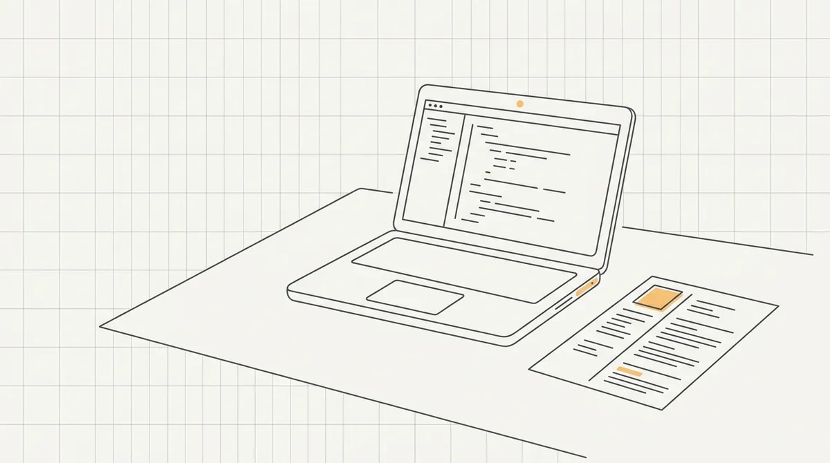 Line drawing of a laptop screen showing a small code project next to a printed resume on a desk