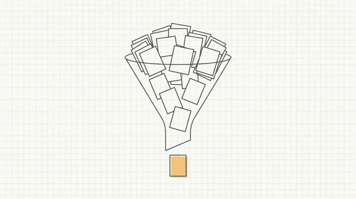 Line drawing of a hiring funnel narrowing from many stacked resumes down to a single accepted one