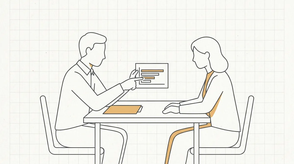 Line drawing of two people across a table, one pointing at a small printed chart of a salary range