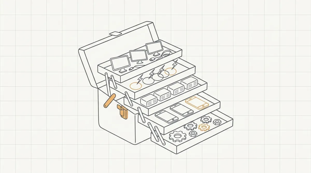 Line drawing of a toolbox with layered trays, each tray holding a different technology icon