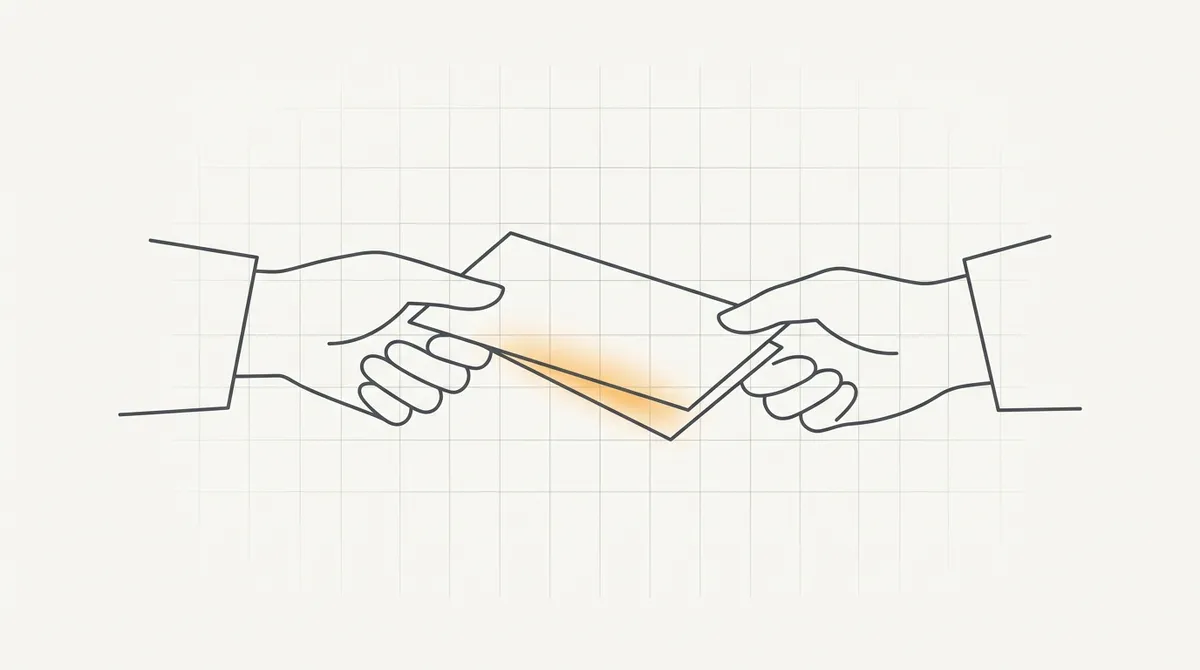 Line drawing of two hands exchanging a folded paper representing a job offer negotiation