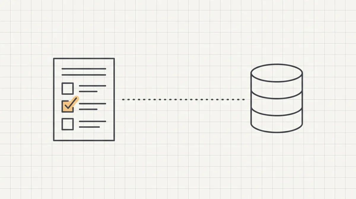 Line drawing of a form with a checkmark, connected by a dotted line to a database cylinder