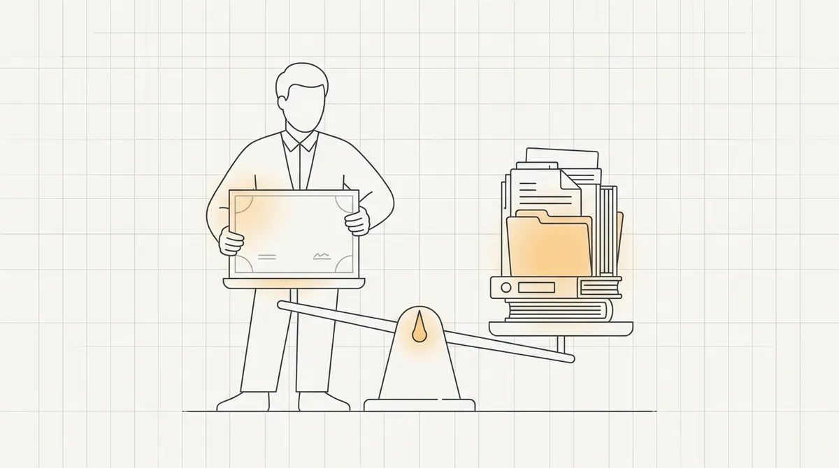 Line drawing of a job seeker weighing a fabricated certificate against a stack of real project files