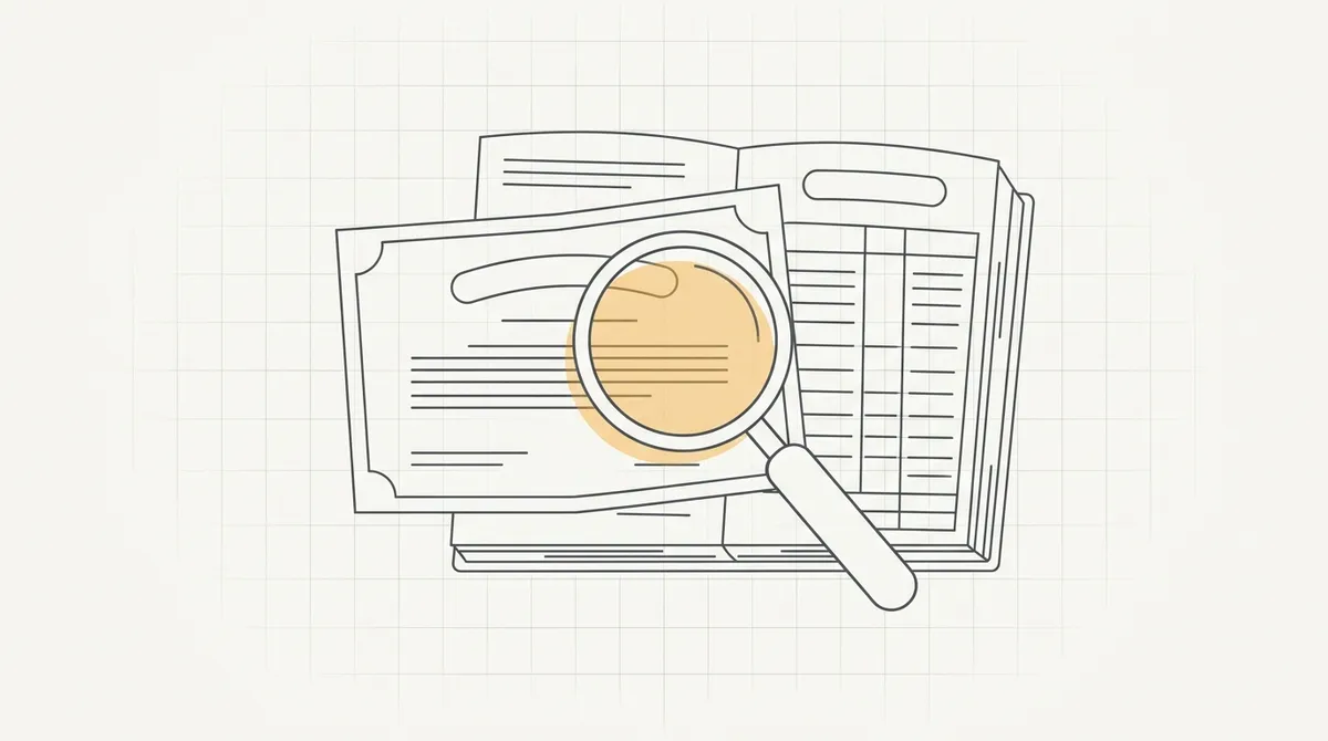 Line drawing of a magnifying glass hovering over a certificate on a desk, checking it against a ledger