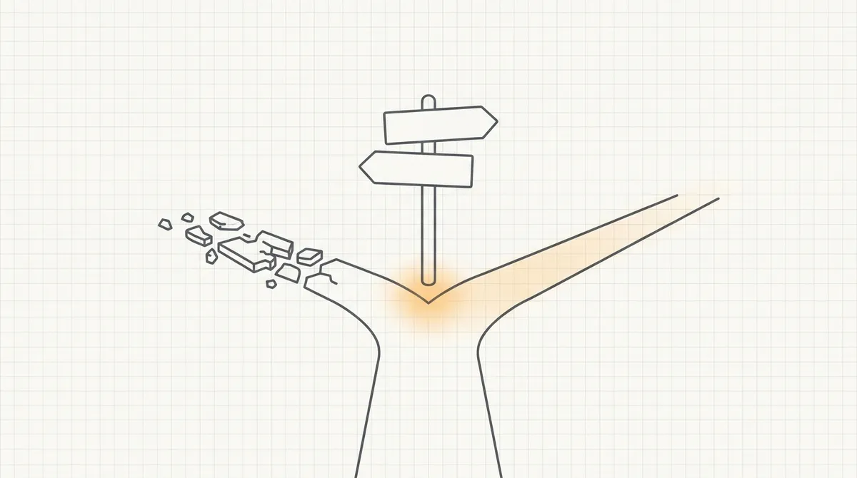 Line drawing of two paths diverging from a signpost, one shorter and crumbling, one longer and solid