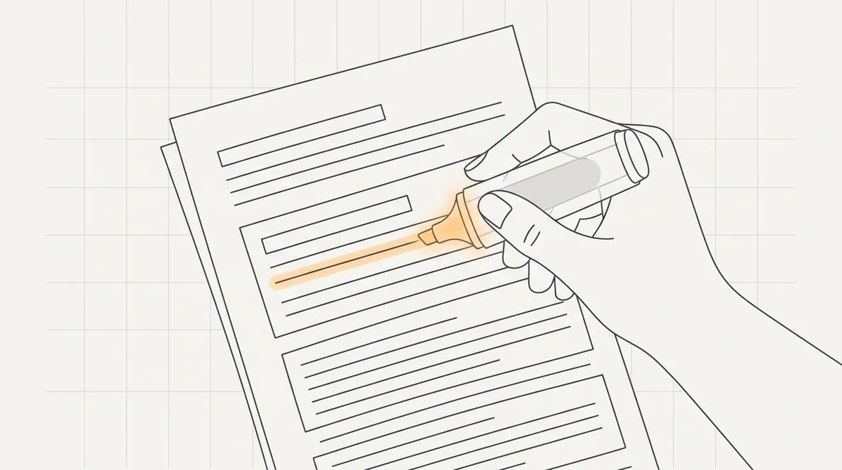 Close-up illustration of a hand highlighting one line of text on a printed resume