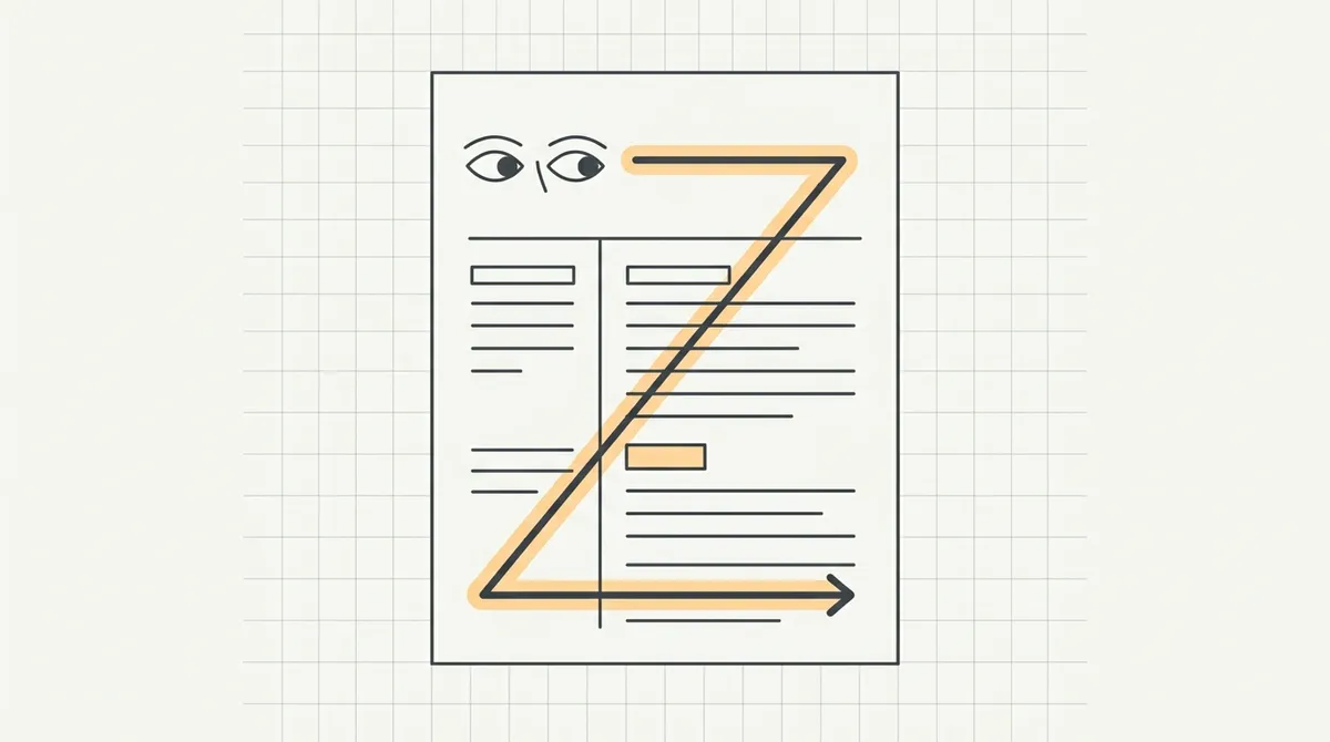 Line drawing of a recruiter's eyes tracing a Z-shaped path down a resume page