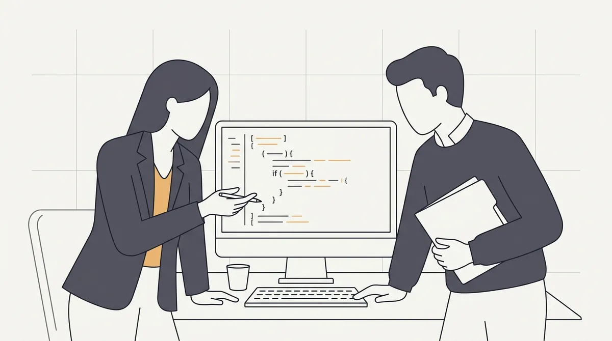 Line drawing of two interviewers reviewing a candidate's code on a shared screen