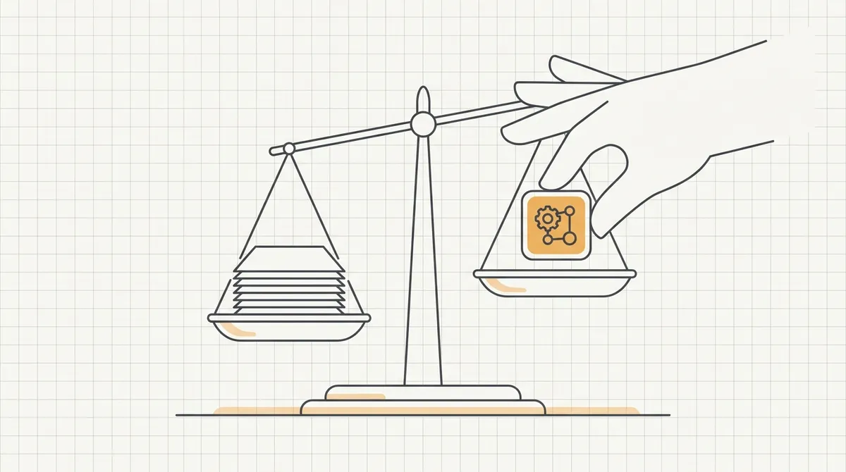 Line drawing of a hand placing a small working app icon onto a large scale opposite a stack of resume papers