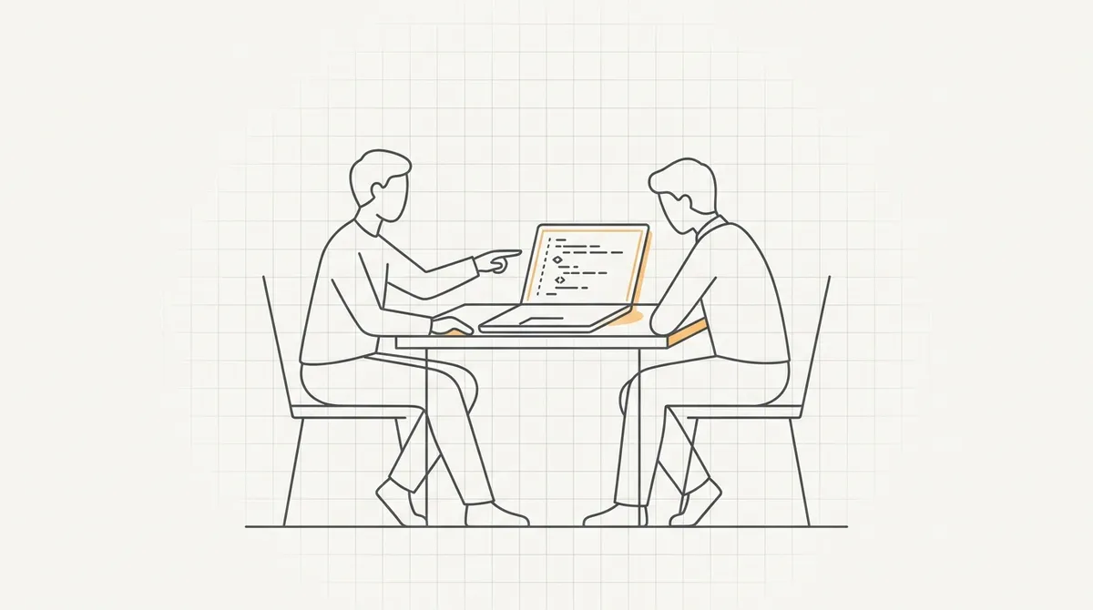 Line drawing of two people across a table, one pointing at a laptop screen showing lines of code