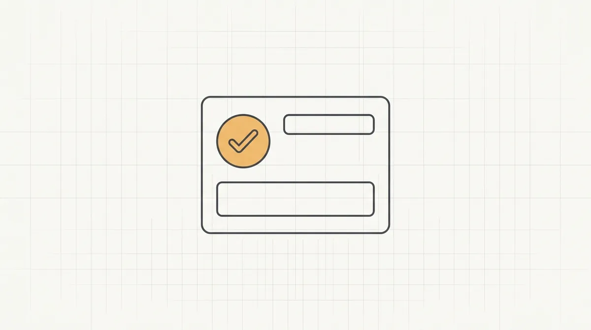 Line drawing of a small green checkmark badge attached to a simple profile card outline