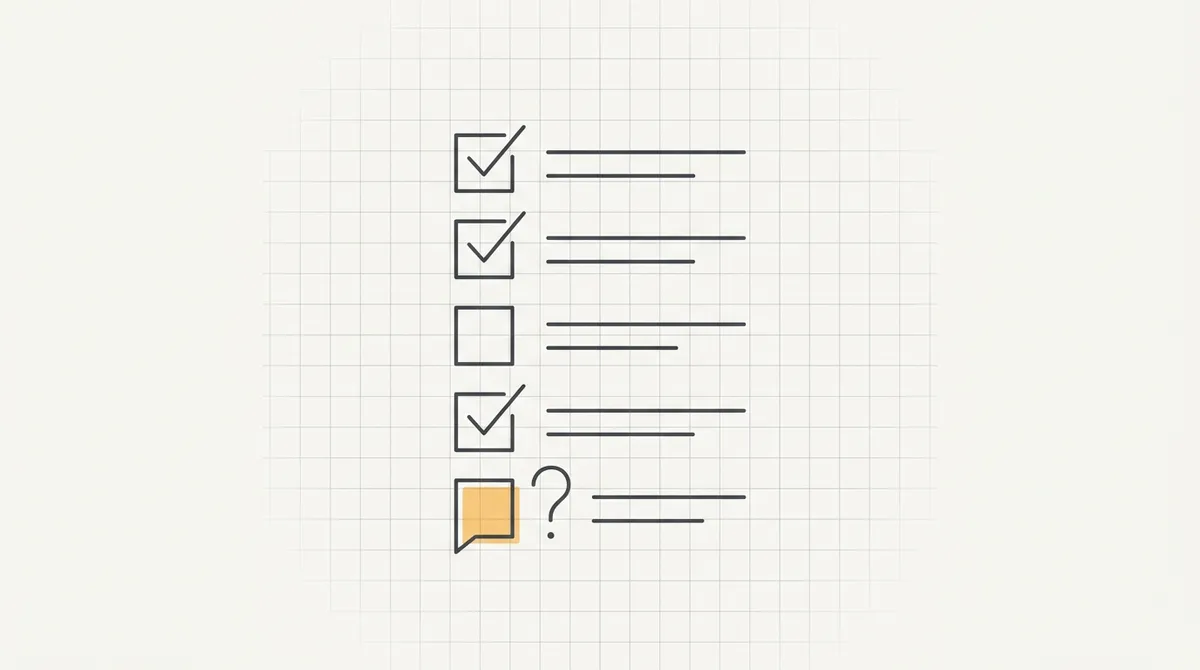 Line drawing of a checklist with some boxes ticked and one flagged with a question mark