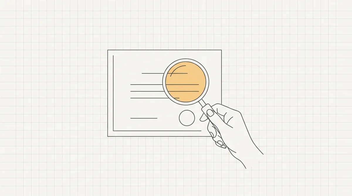 Line drawing of a hand holding a magnifying glass over a certificate document