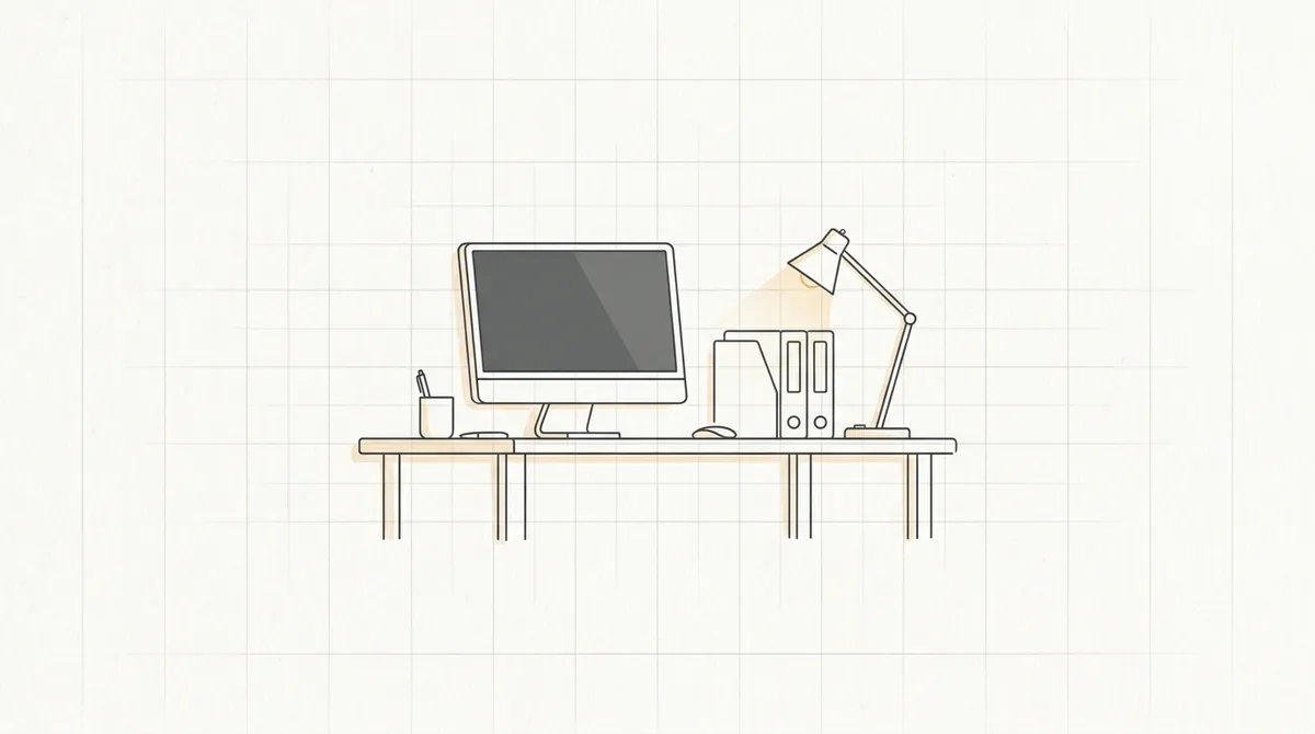 Line drawing of an empty office desk with a single dimmed monitor and a stack of folders