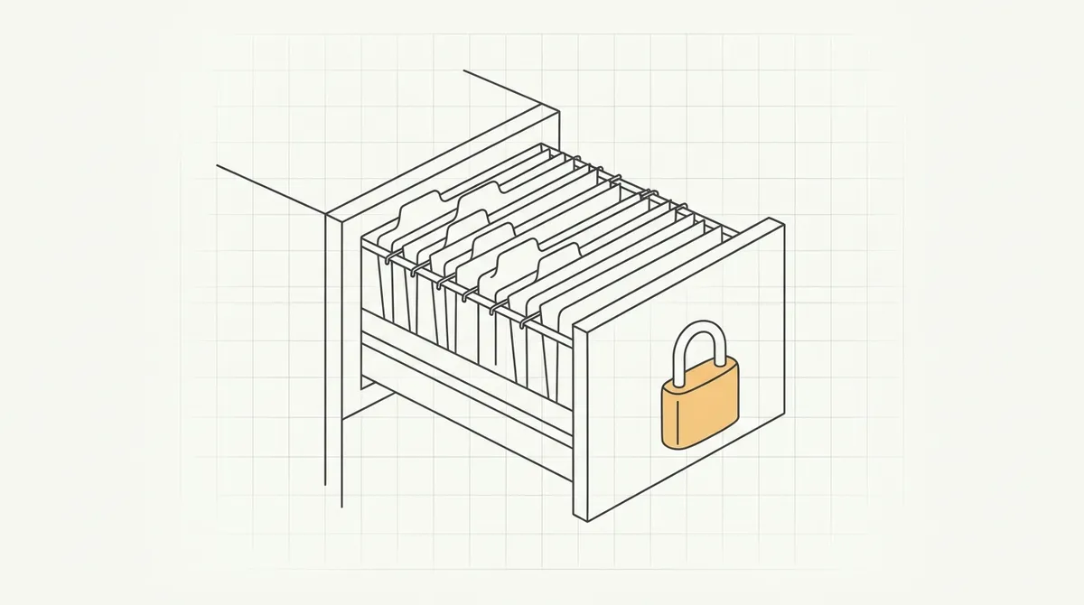 Line drawing of a filing cabinet drawer open with labeled folders and a padlock icon beside it