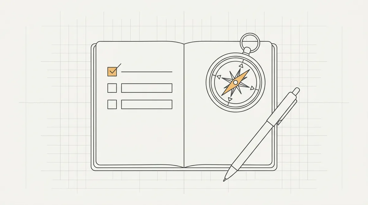 Line drawing of a compass resting on an open notebook with a checklist and a pen