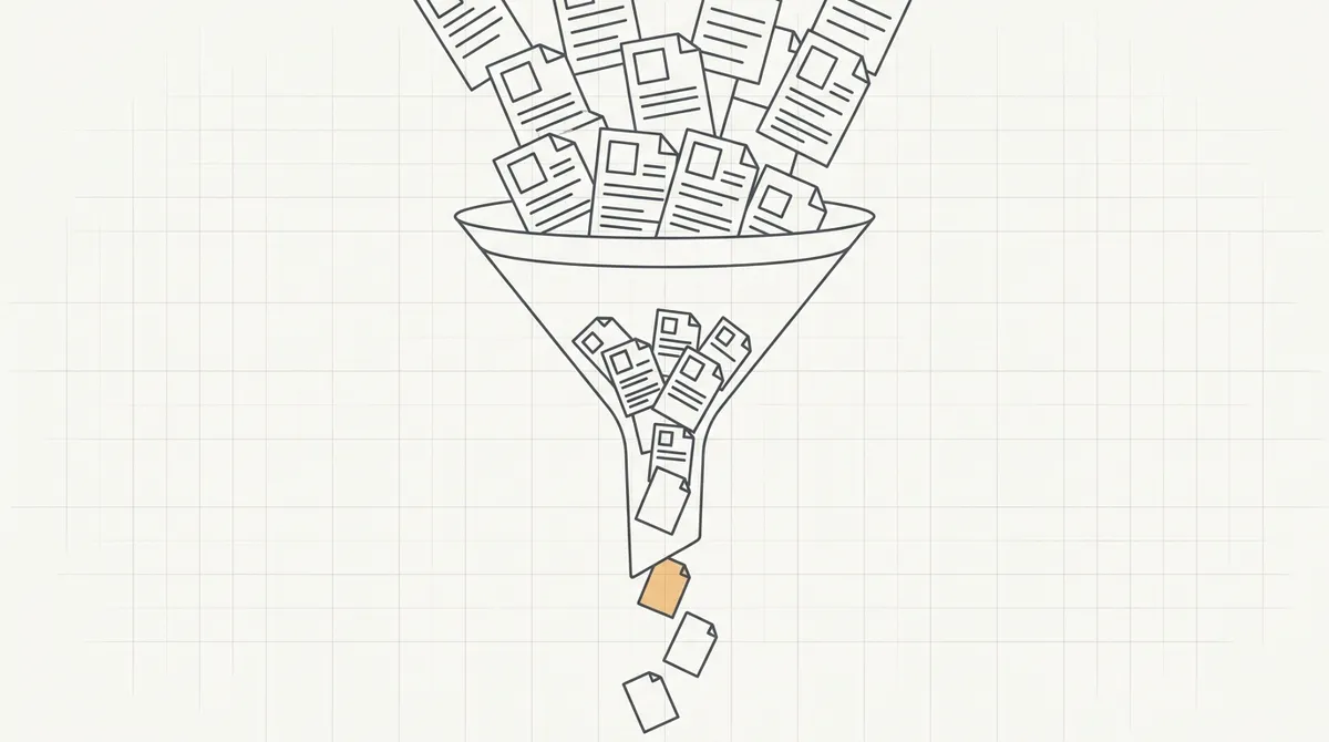 Line drawing of a wide funnel with many resumes pouring in but few reaching the bottom