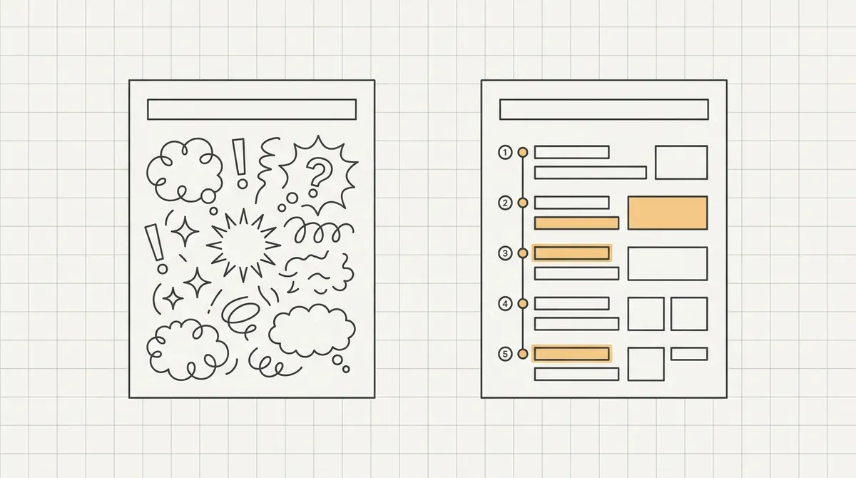 Line drawing of two job posting drafts side by side, one covered in vague adjectives and one with plain numbered facts