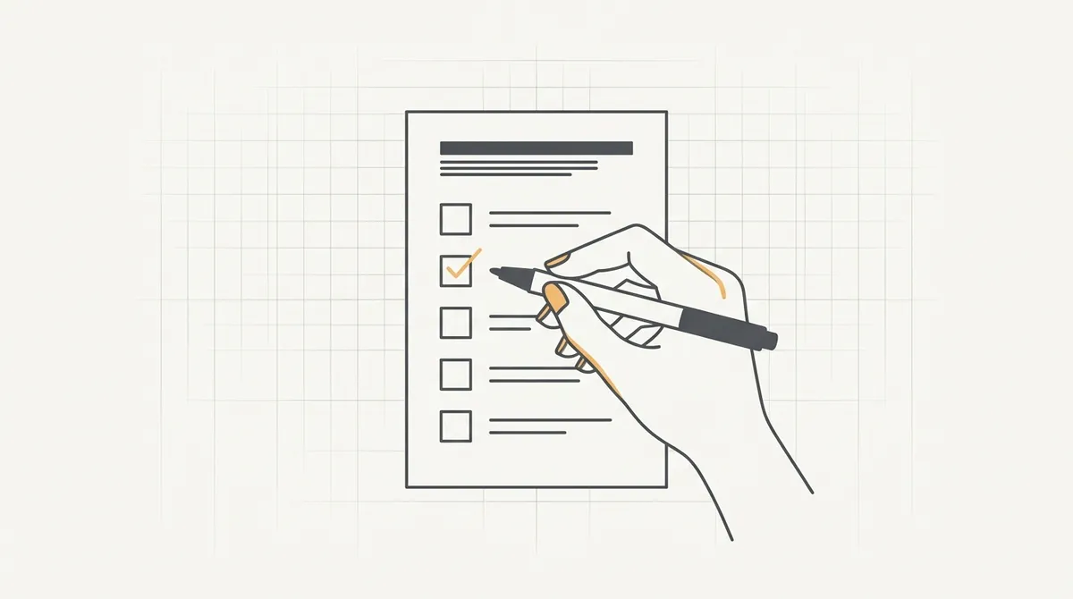 Line drawing of a hand checking off boxes on a short one-page hiring checklist