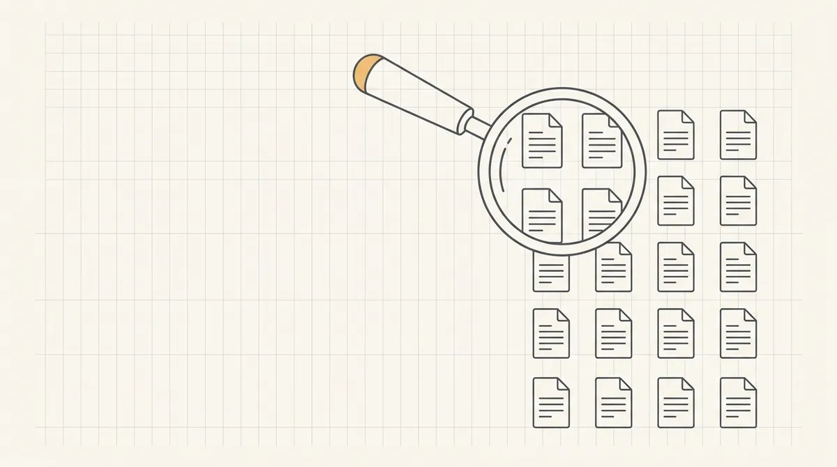 Line drawing of a magnifying glass hovering over a grid of small labelled document icons