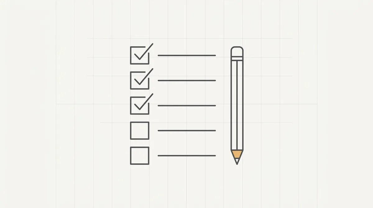 Line drawing of a checklist with three of five boxes ticked next to a pencil