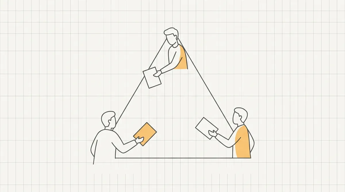 Line drawing of three figures at the points of a triangle passing a document between them