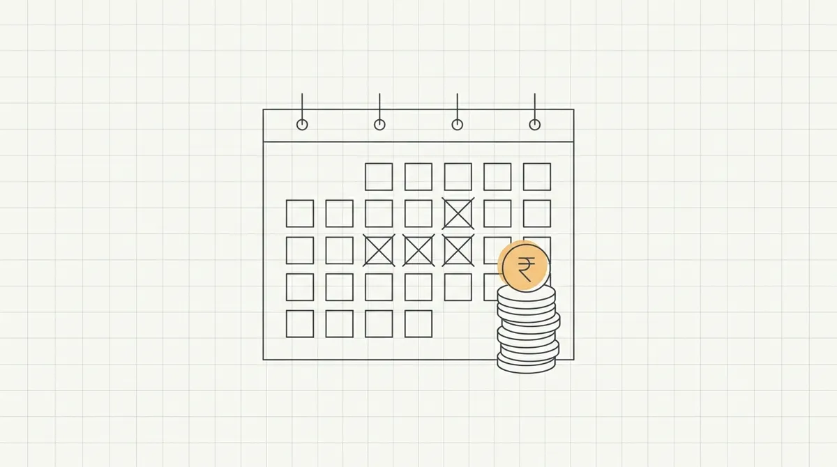 Line drawing of a calendar page with some days crossed out and a small stack of rupee coins beside it
