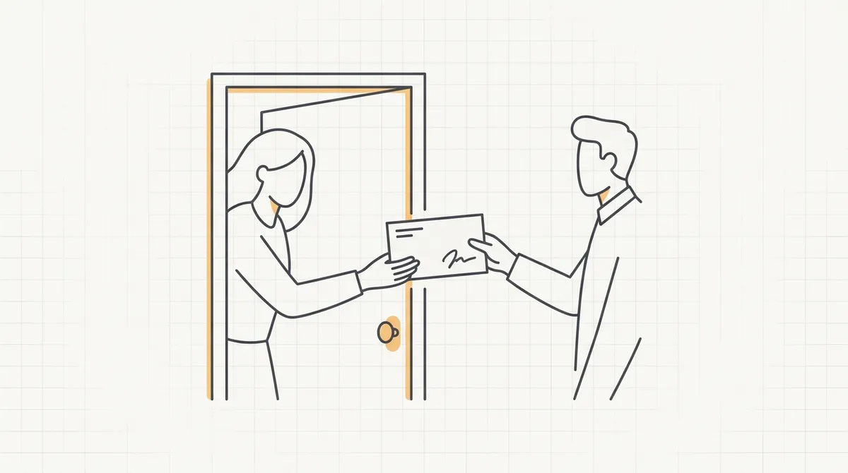 Line drawing of a signed letter being handed from one person to another at a doorway