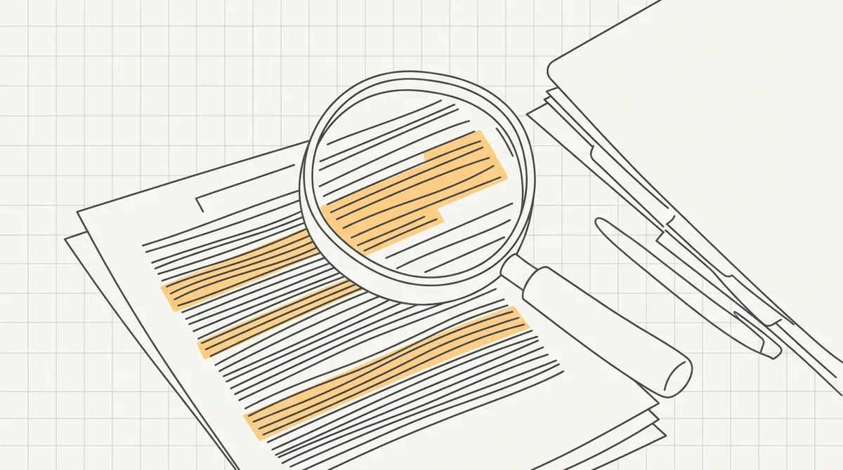 Line drawing of a magnifying glass hovering over a dense contract page with highlighted paragraphs