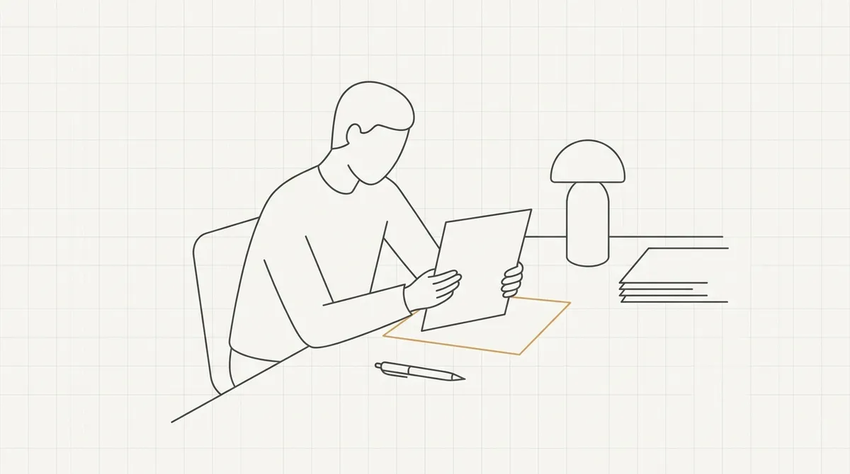 Line drawing of a person sitting at a desk reading a document calmly instead of signing it immediately