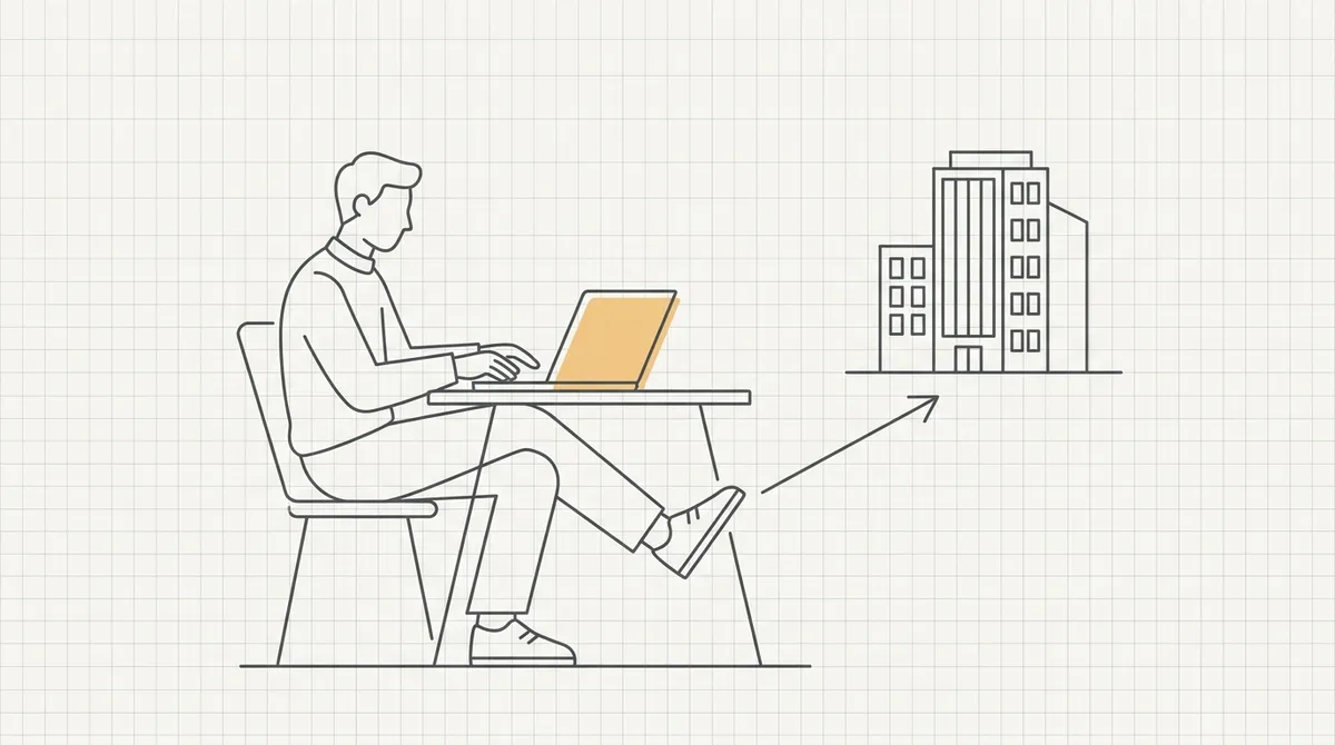 Line drawing of a laptop worker with one foot pointed toward a distant office building