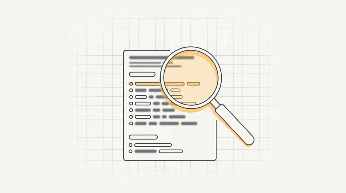 Line drawing of a magnifying glass hovering over a job listing with several details blurred out