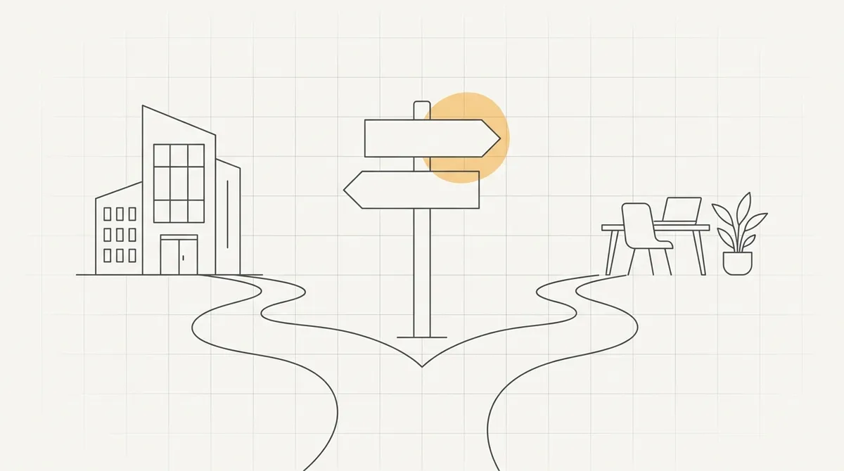 Line drawing of two paths splitting from one signpost, one leading to an office and one to a home desk