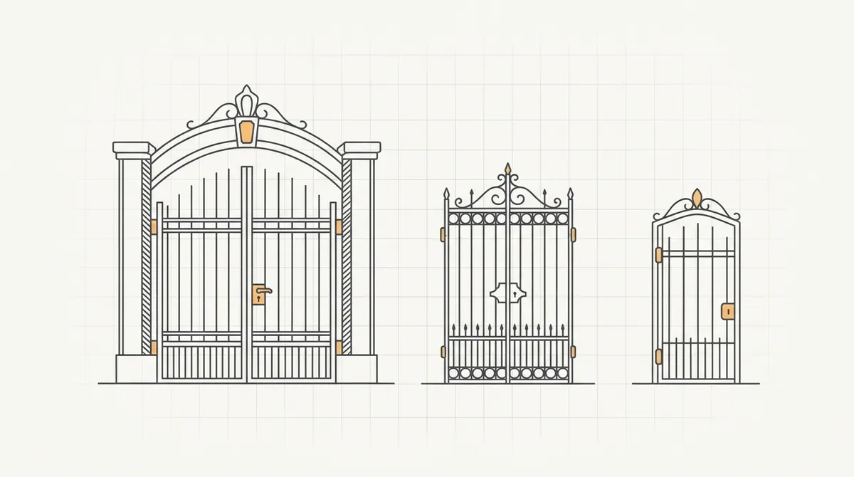 Line drawing of three separate gates in a row, each narrower than the one before it