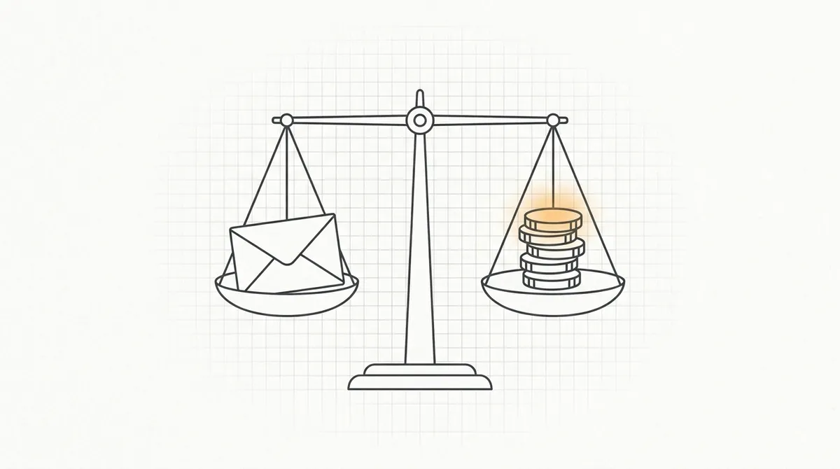 Line drawing of a scale balancing a stack of coins against a folded letter