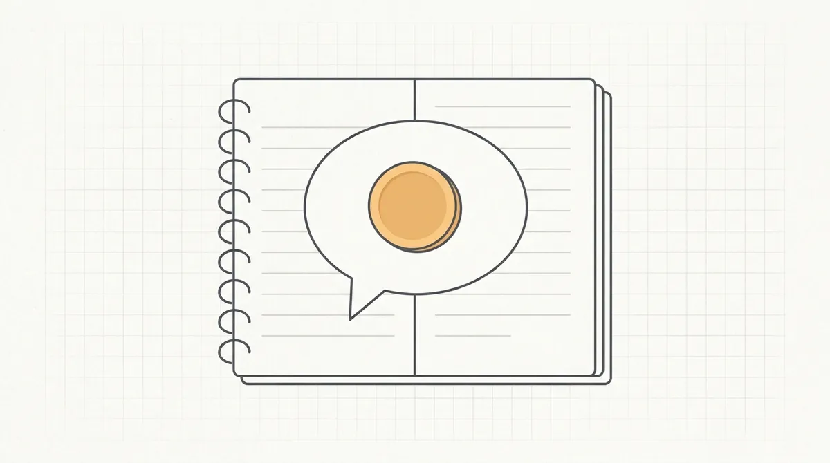 Line drawing of a speech bubble with a single coin inside it, resting on an open notebook