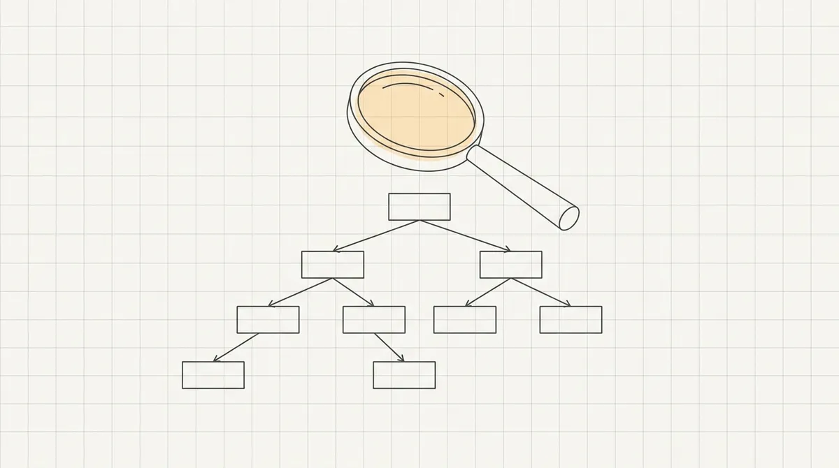 Line drawing of a magnifying glass hovering over a branching query execution plan diagram